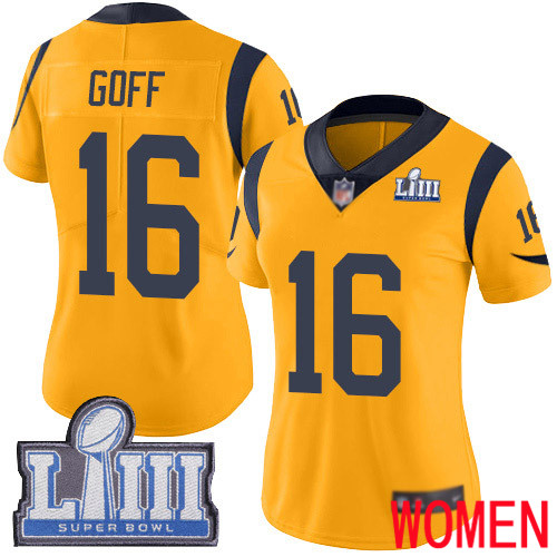 Los Angeles Rams Limited Gold Women Jared Goff Jersey NFL Football #16 Super Bowl LIII Bound Rush Vapor Untouchable->youth nfl jersey->Youth Jersey